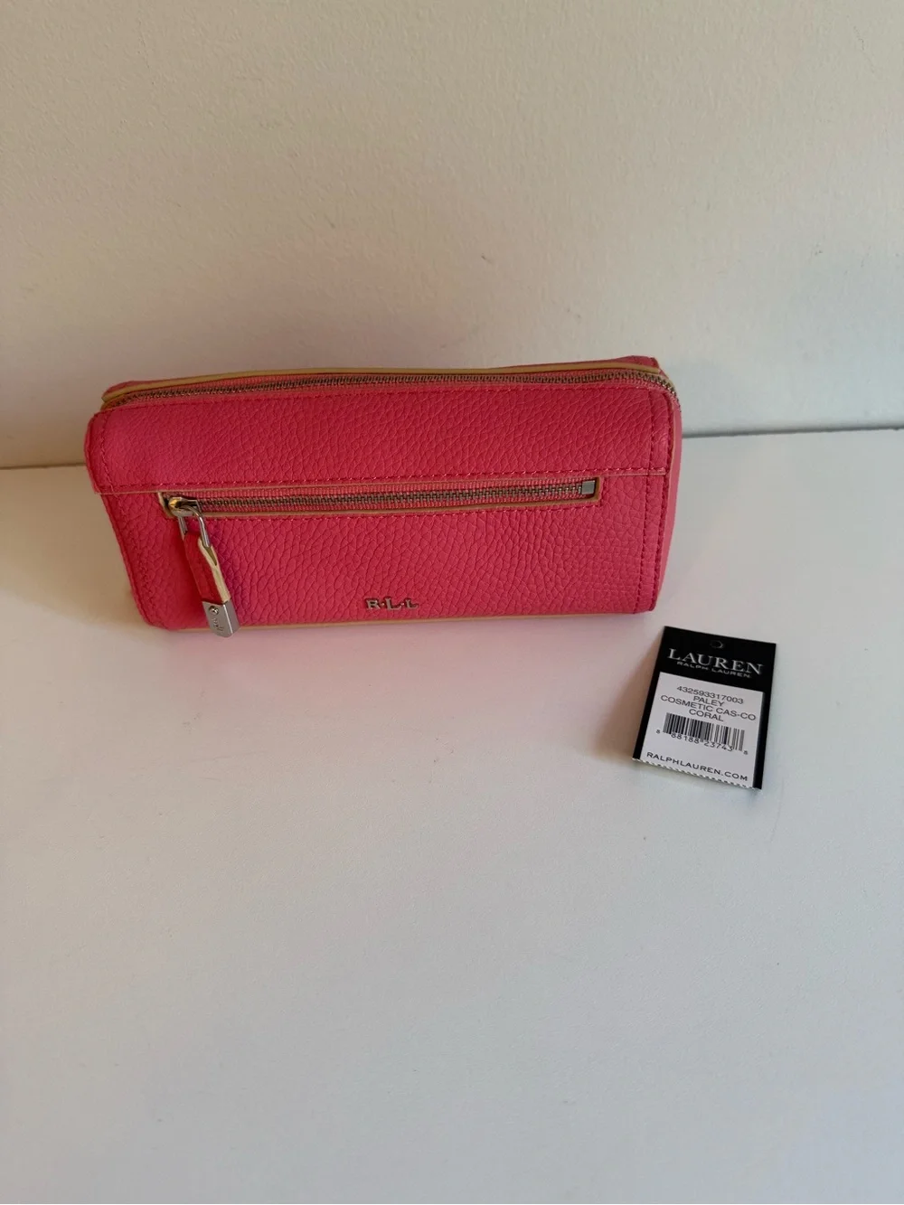 Lauren Ralph Lauren Coral Pink Cosmetic Bag Pouch Pebbled NWT $68 Retail